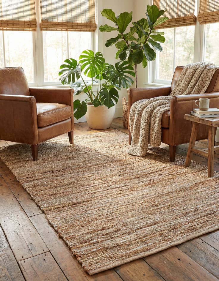 Detail image of 4' 1 x 6' 1 Hand Woven Leather Metallic Jute Rug