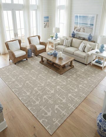 Gray Easy-Clean Coastal Indoor / Outdoor Square Rug
