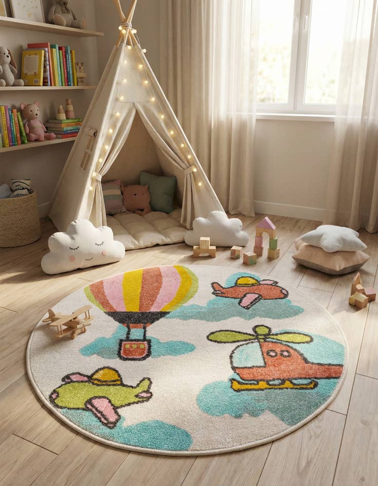 Detail image of 3' 3 x 3' 3 Airplanes Whimsy Kids Round Rug