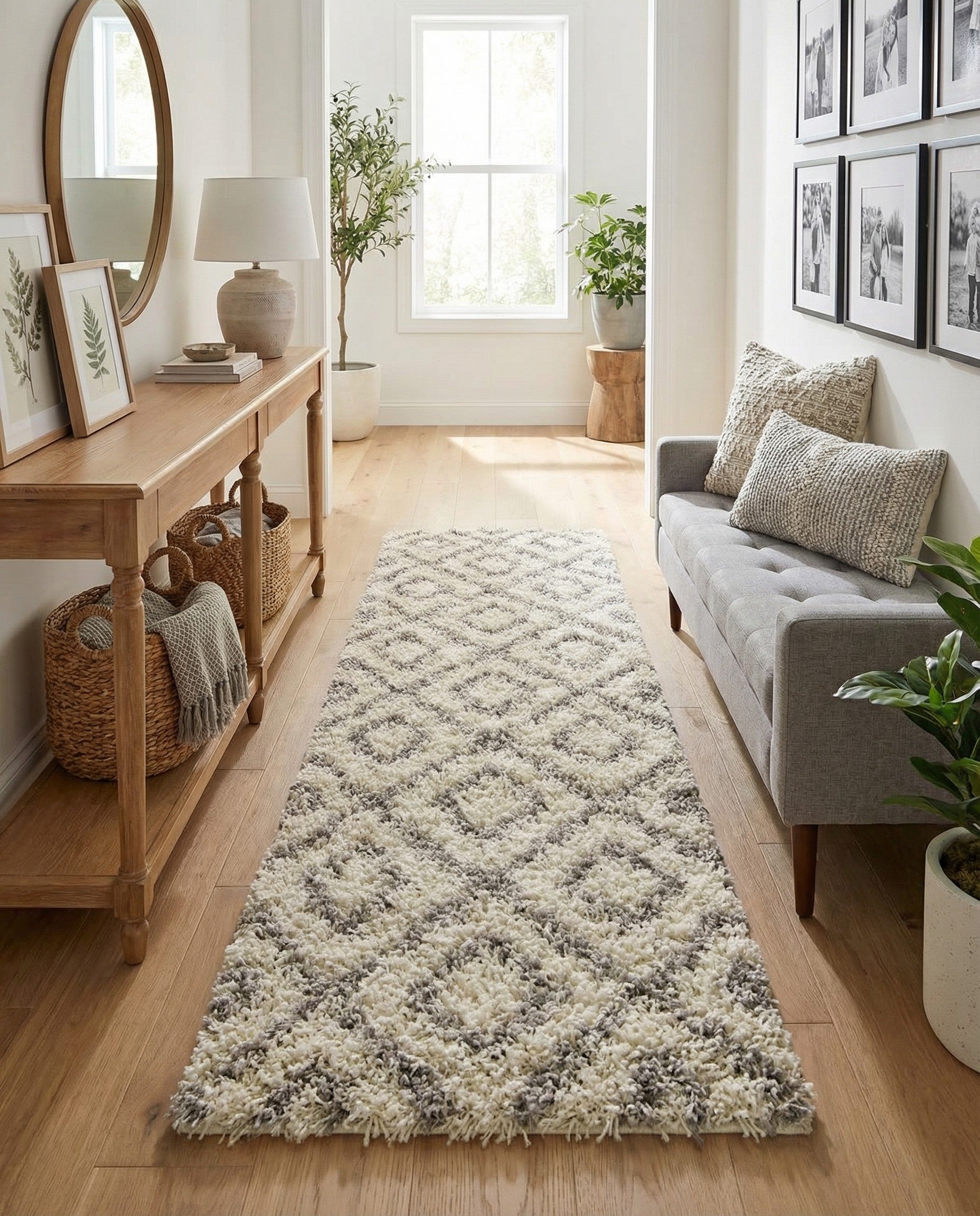 A 12 ft runner rug featuring a modern ivory and gray geometric lattice pattern with a high-low shag pile.