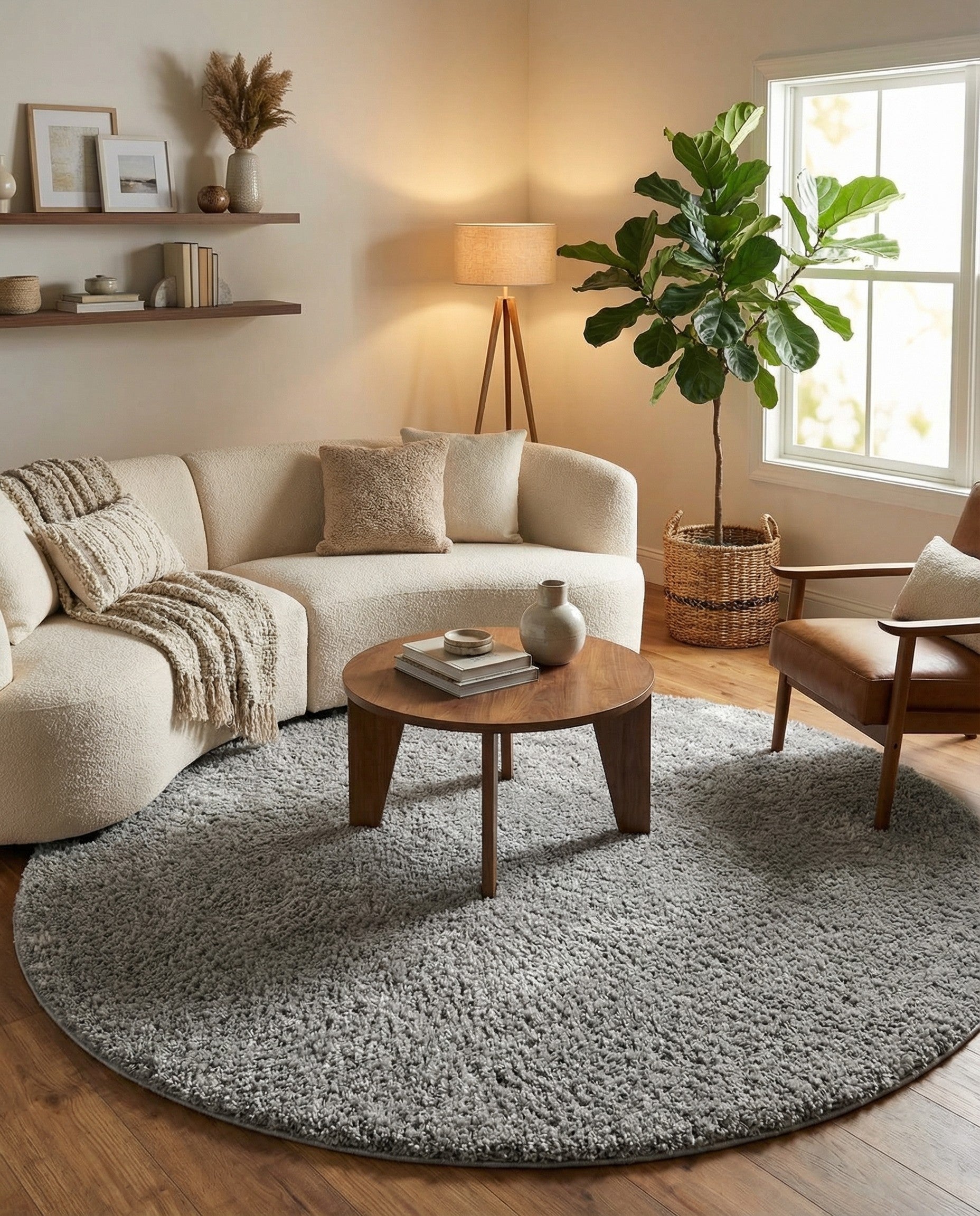 A large 10' 2 round gray shag rug with a soft, textured pile, perfect for a modern living room or bedroom.