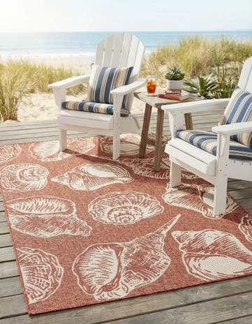 Rust Red and Ivory Easy-Clean Coastal Indoor / Outdoor Rug