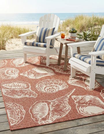 Rust Red and Ivory Easy-Clean Coastal Indoor / Outdoor Rug