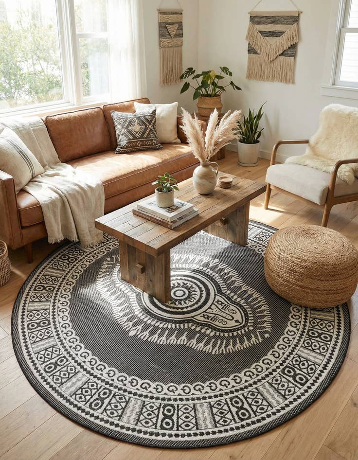 Detail image of 7' 10 x 7' 10  Washable Traditional Indoor / Outdoor Round Rug