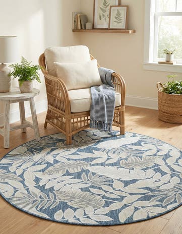 Navy Blue Easy-Clean Botanical Indoor / Outdoor Round Rug