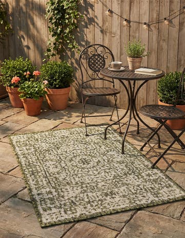 Green Easy-Clean Traditional Indoor / Outdoor Rug