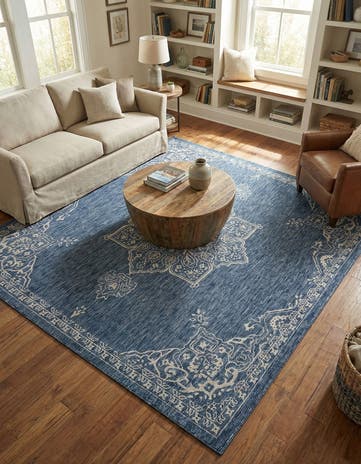 Blue Easy-Clean Traditional Indoor / Outdoor Square Rug