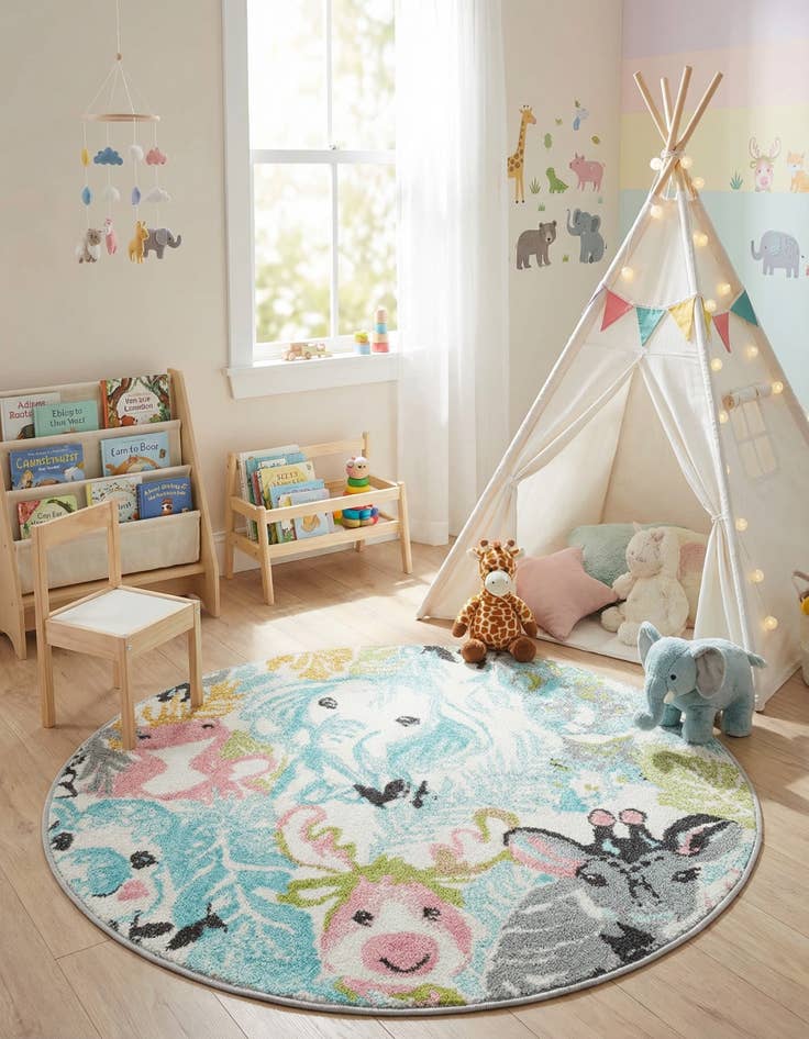 Detail image of 3' x 3' Animals Whimsy Kids Round Rug