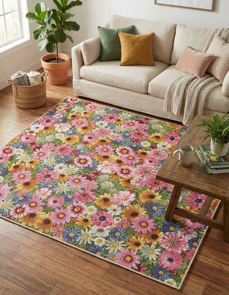 Detail image of  5' 3 x 5' 3  Washable Botanical Indoor / Outdoor Square Rug