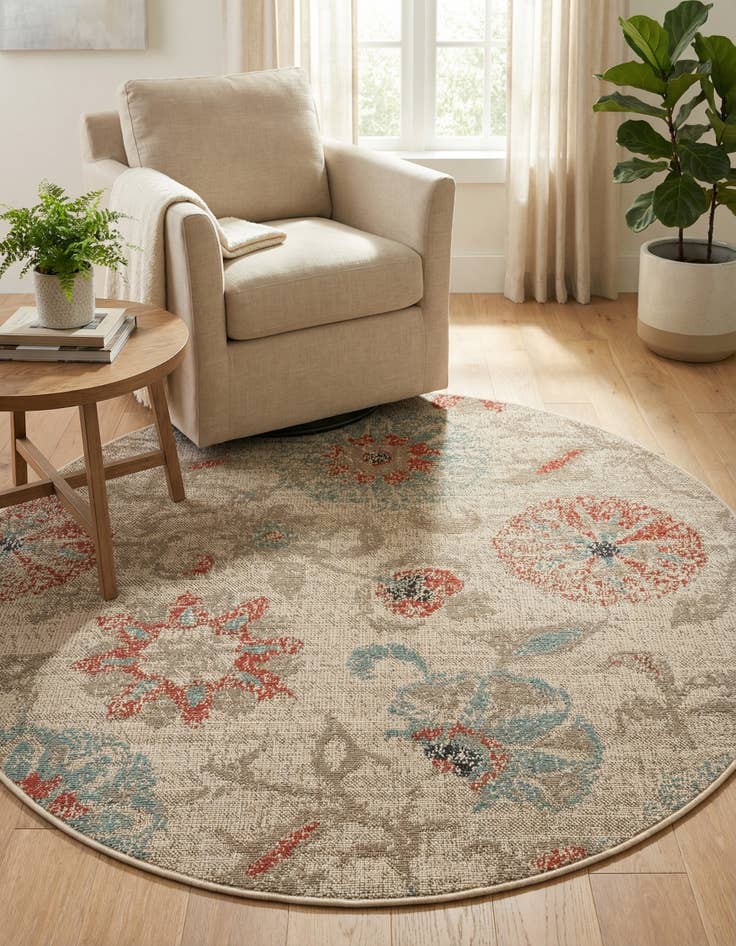 Detail image of 5' x 5' Easy-Clean Botanical Indoor / Outdoor Round Rug