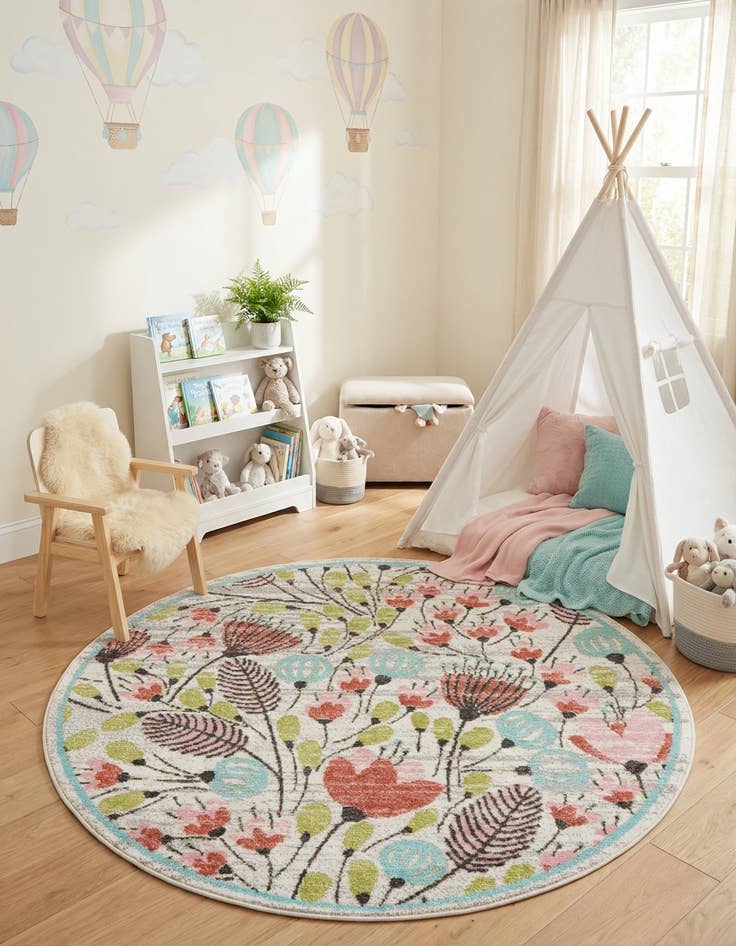 Detail image of 5' 3 x 5' 3 Flowers Whimsy Kids Round Rug