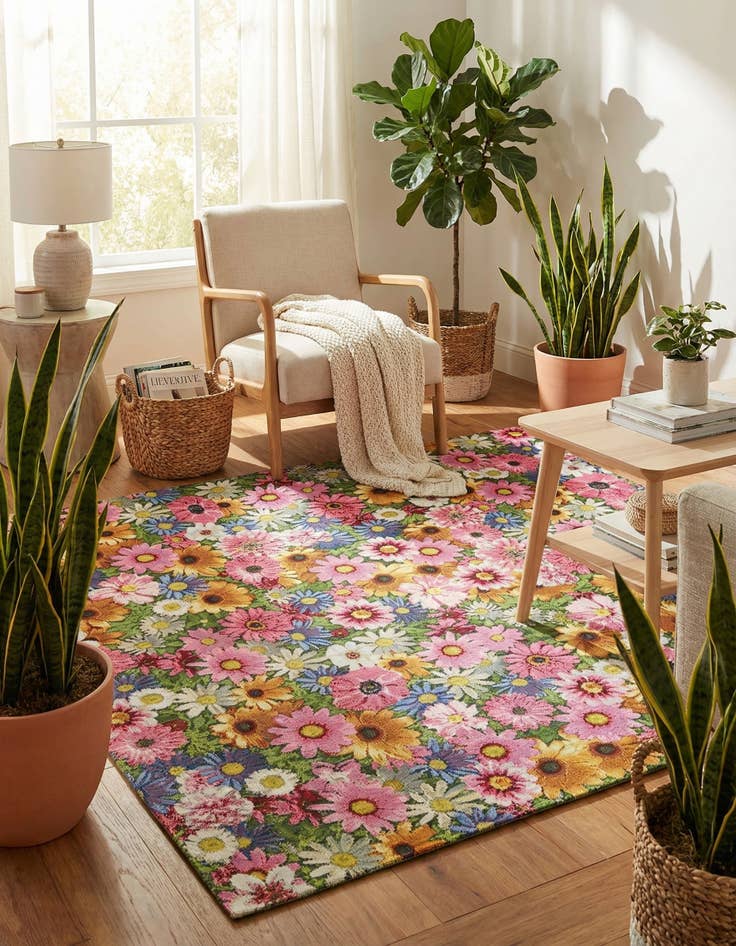 Detail image of  6' x 6'  Washable Botanical Indoor / Outdoor Square Rug