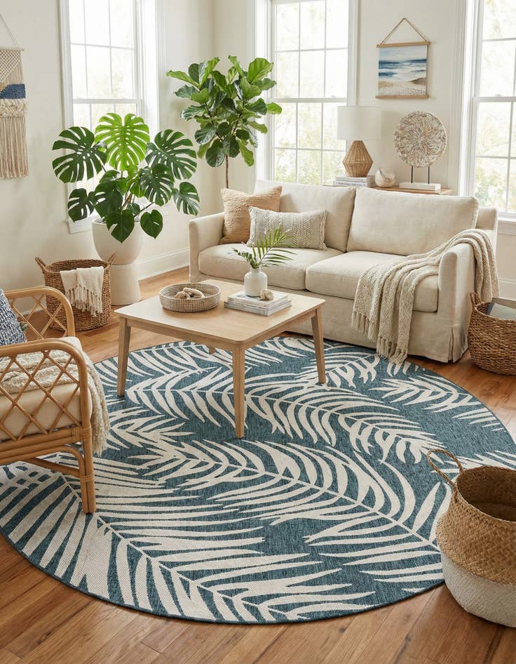 Detail image of 10' x 10'  Washable Botanical Indoor / Outdoor Round Rug