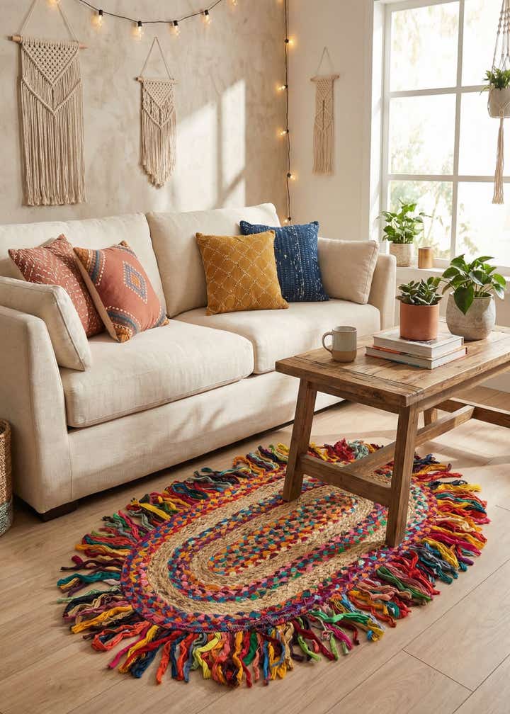 2' x 3' 1 Hand Braided Chindi Jute Oval Rug