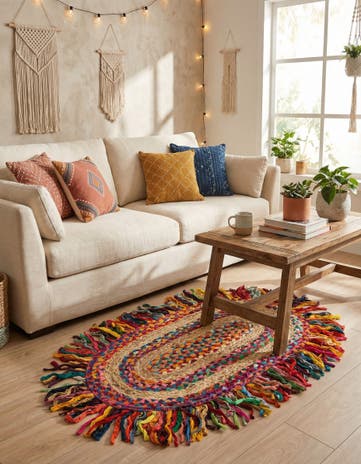 2' x 3' 1 Hand Braided Chindi Jute Oval Rug