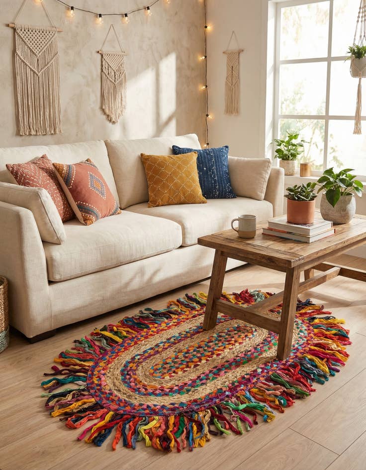 Detail image of 2' x 3' 1  Hand Braided Chindi Jute Oval Rug