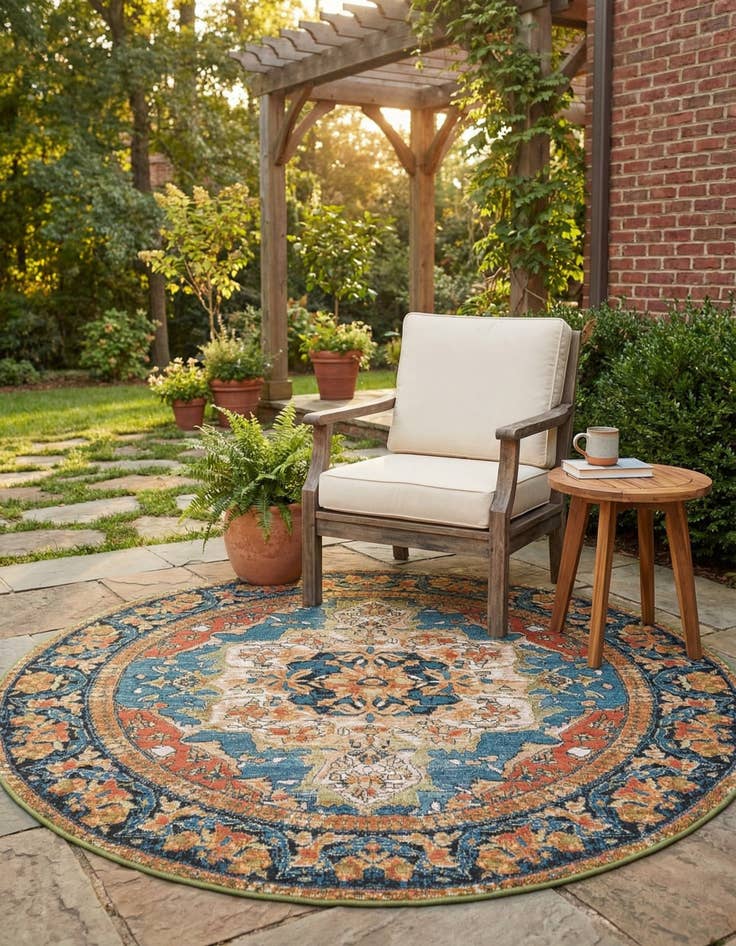 Detail image of 5' x 5' Easy-Clean Traditional Indoor / Outdoor Round Rug