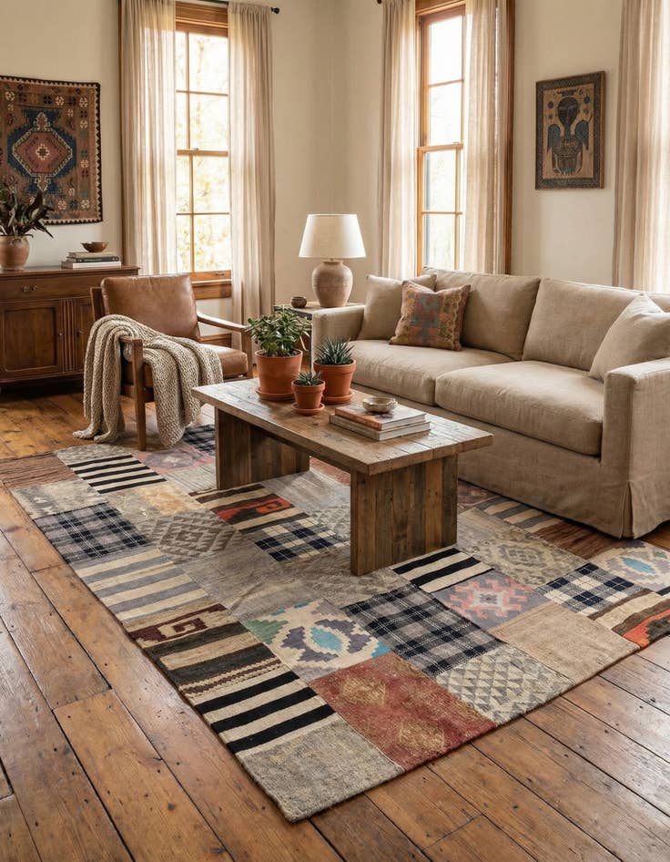 Detail image of  6' 8 x 9' 8  Hand Woven Kilim Patchwork Wool Rug