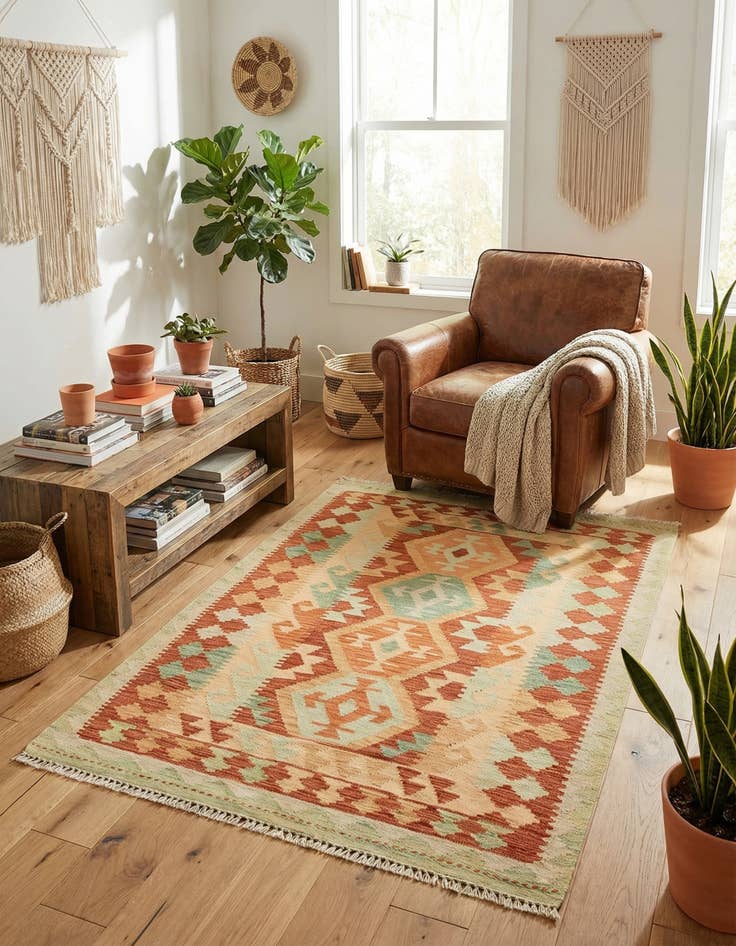 Detail image of  3' 4 x 5' 2  Hand Woven Kilim Waziri Wool Rug