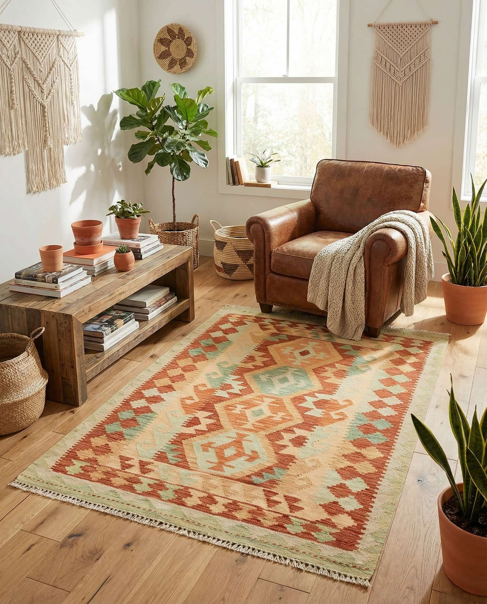 3' 4 x 5' 2 Hand Woven Kilim Waziri Wool Rug