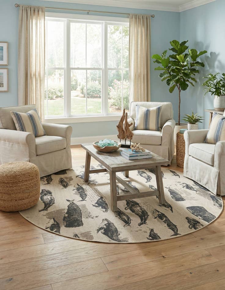 Detail image of 7' 10 x 7' 10  Washable Coastal Indoor / Outdoor Round Rug