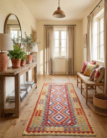 3' 4 x 6' 9 Hand Woven Kilim Maymana Wool Runner Rug