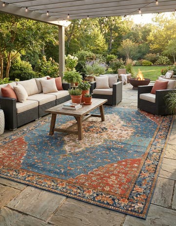 Navy Blue and Rust Red Easy-Clean Traditional Indoor / Outdoor Rug