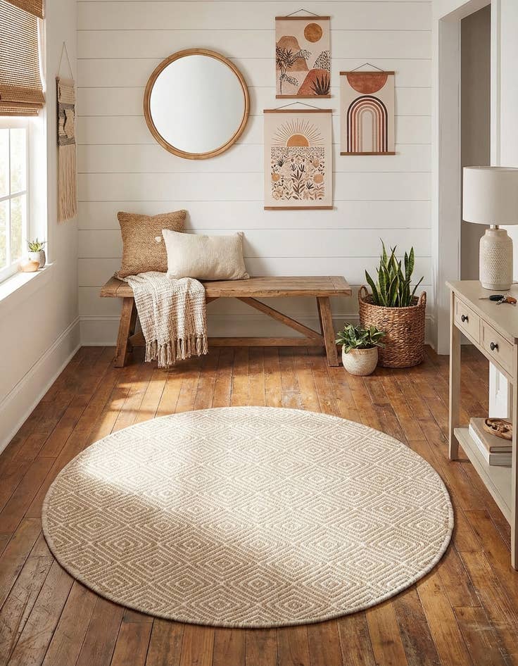 Detail image of  3' 1 x 3' 1  Hand Woven Geo Trellis Flatweave Round Rug