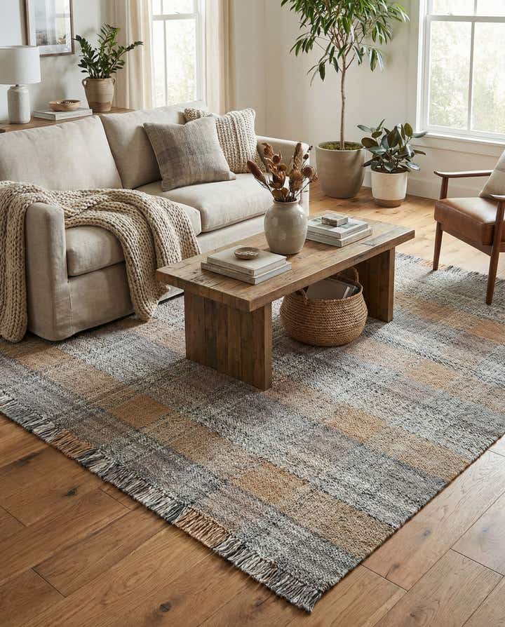 7' 10 x 7' 10 Easy-Clean Eco Plaid Washable Indoor / Outdoor Square Rug