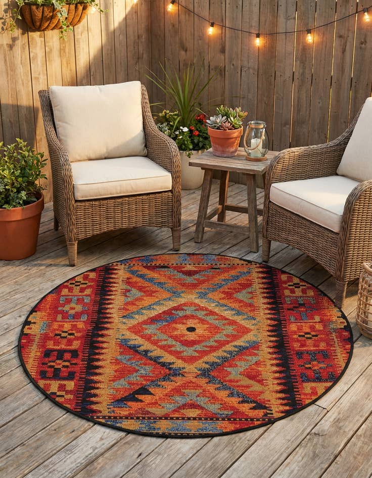 Detail image of 3' x 3'  Washable Tribal Indoor / Outdoor Round Rug
