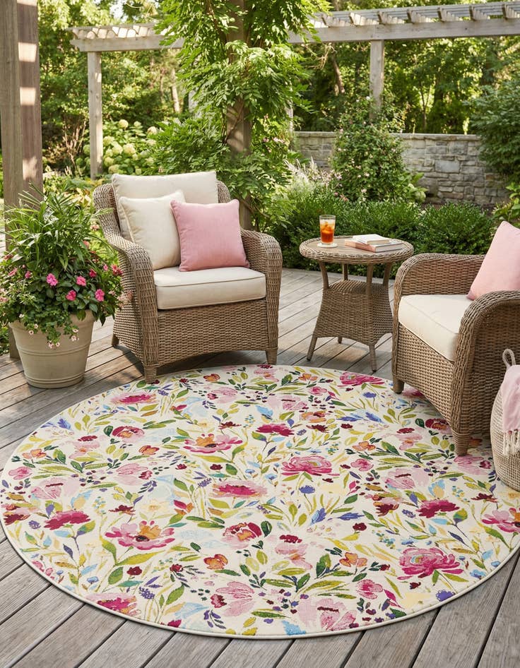 Detail image of 7' 10 x 7' 10  Washable Botanical Indoor / Outdoor Round Rug
