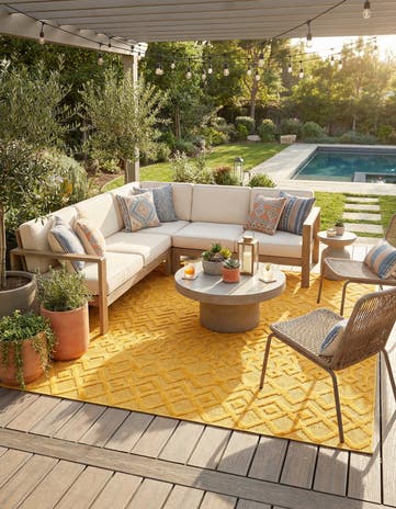 Yellow Easy-Clean Trellis Textured Indoor / Outdoor Square Rug