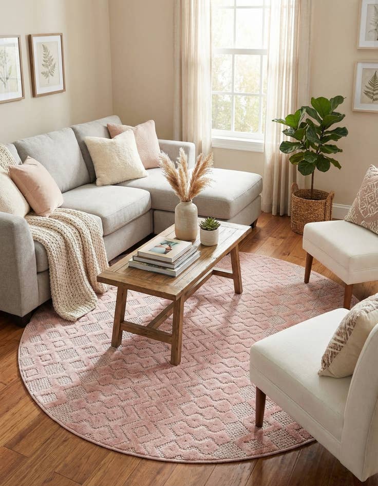 Detail image of 5' 3 x 5' 3  Washable Trellis Textured Indoor / Outdoor Round Rug