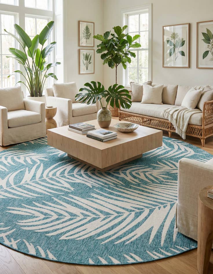 Detail image of 12' x 12'  Washable Botanical Indoor / Outdoor Round Rug