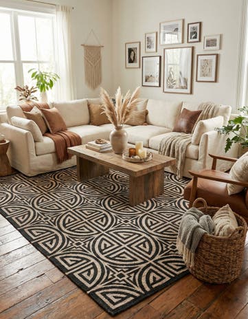 Black and Ivory Hand Woven Chenille Jute Rug