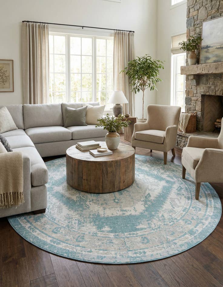 Detail image of 13' x 13'  Washable Traditional Indoor / Outdoor Round Rug
