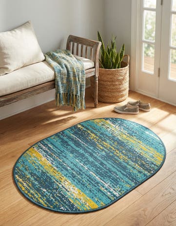 Multi.Blue Easy-Clean Coastal Indoor / Outdoor Oval Rug