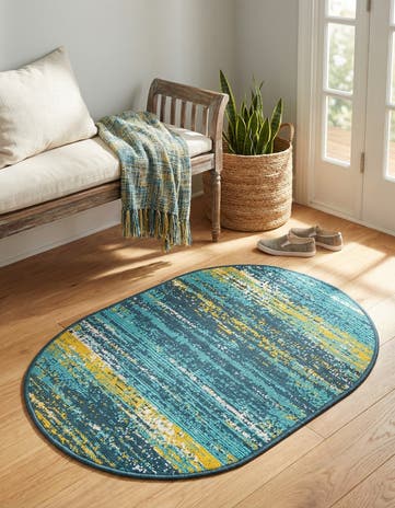Multi.Blue Easy-Clean Coastal Indoor / Outdoor Oval Rug