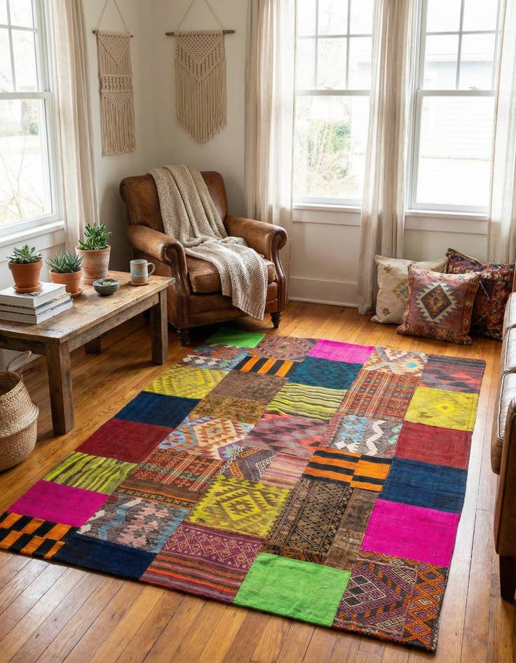 Detail image of 5' 8 x 7' 9  Hand Woven Kilim Patchwork Wool Rug