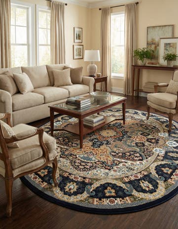 Navy Blue Nain Design Oval Rug
