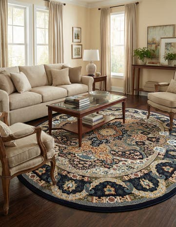 Navy Blue Nain Design Oval Rug