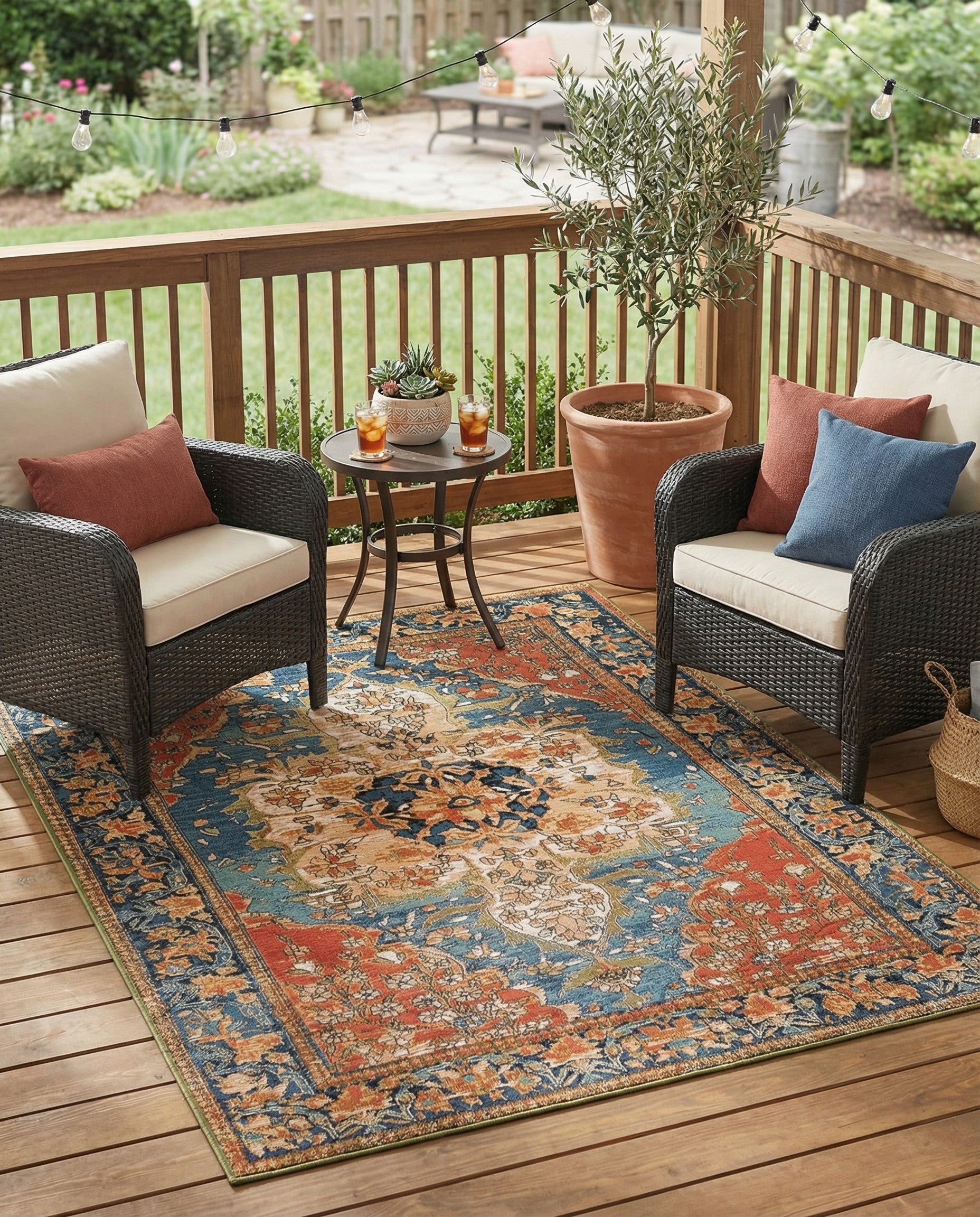 Navy Blue and Rust Red 5' x 7' Easy-Clean Traditional Indoor