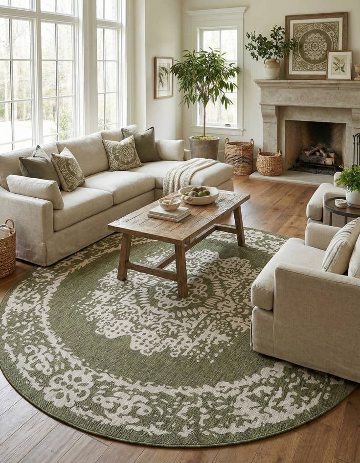 Detail image of  13' x 13'  Washable Traditional Indoor / Outdoor Round Rug