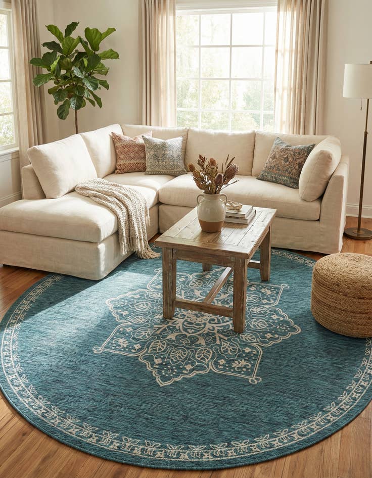 Detail image of  10' x 10'  Washable Traditional Indoor / Outdoor Round Rug