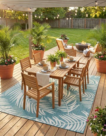Light Aqua Easy-Clean Botanical Indoor / Outdoor Square Rug