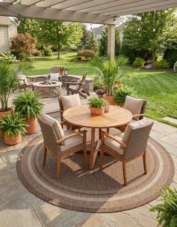 Brown Easy-Clean Border Indoor / Outdoor Round Rug