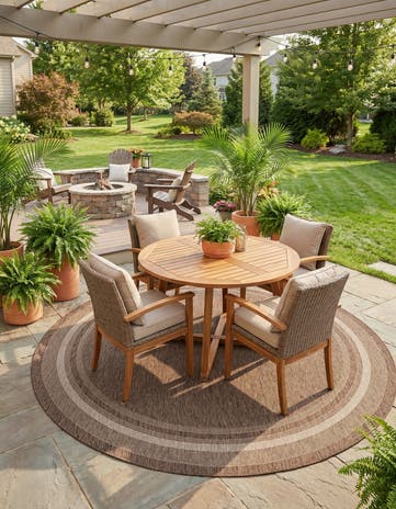 Brown Easy-Clean Border Indoor / Outdoor Round Rug