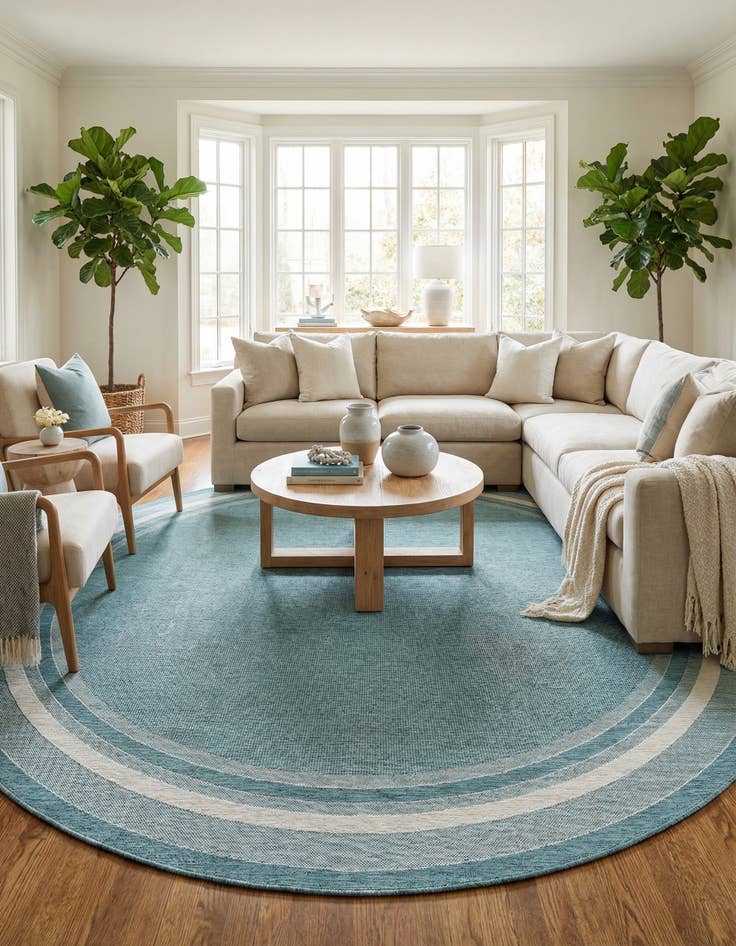 Detail image of 13' x 13' Easy-Clean Border Indoor / Outdoor Round Rug