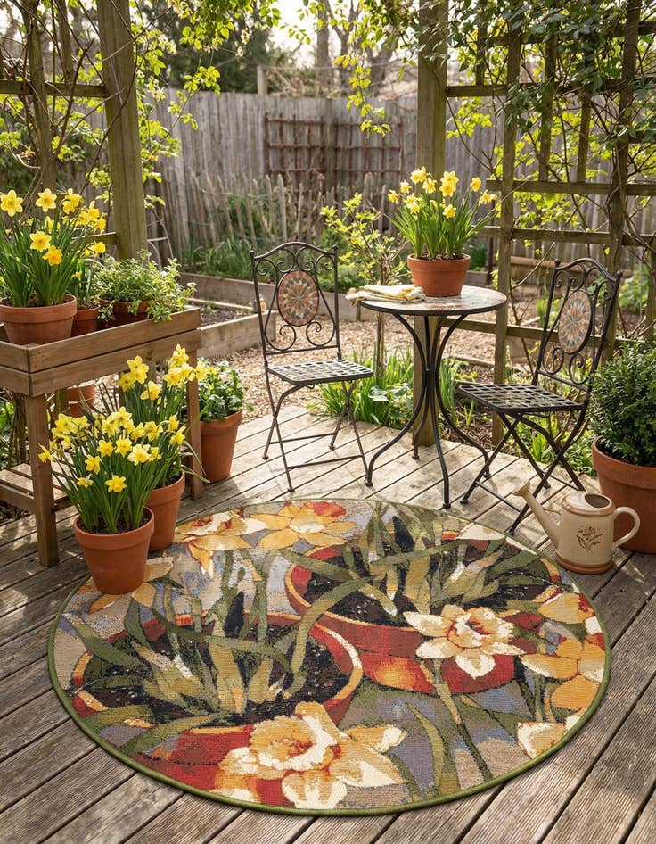 Detail image of 3' x 3'  Washable Botanical Indoor / Outdoor Round Rug