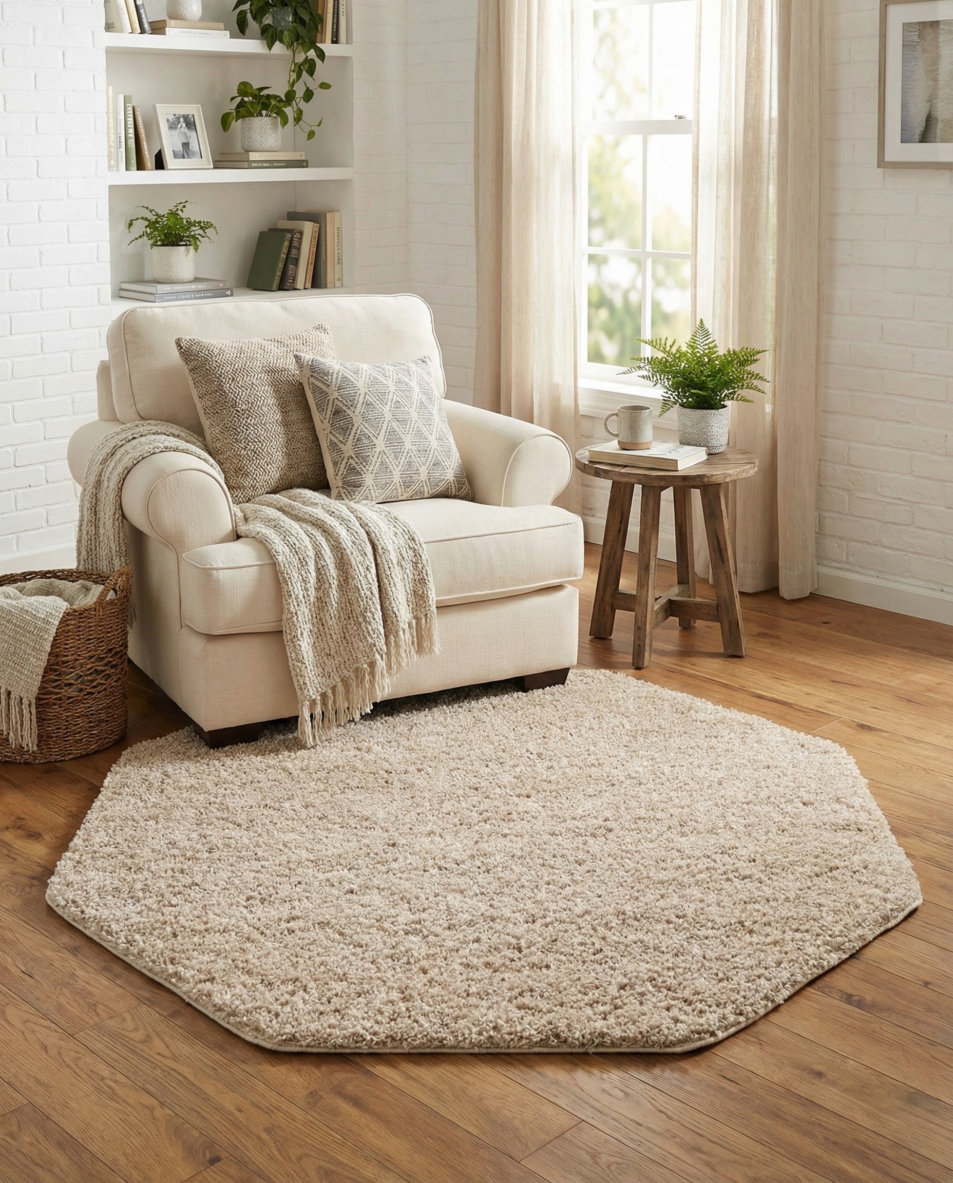 A 4' 0 x 4' 0 octagon-shaped shag rug in a warm tan or light brown color, featuring a soft, textured pile.